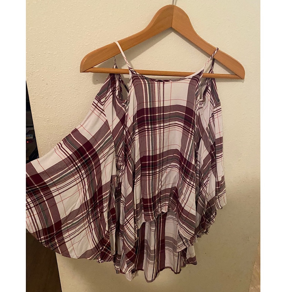 Plaid Bell Sleeve Maroon Blouse